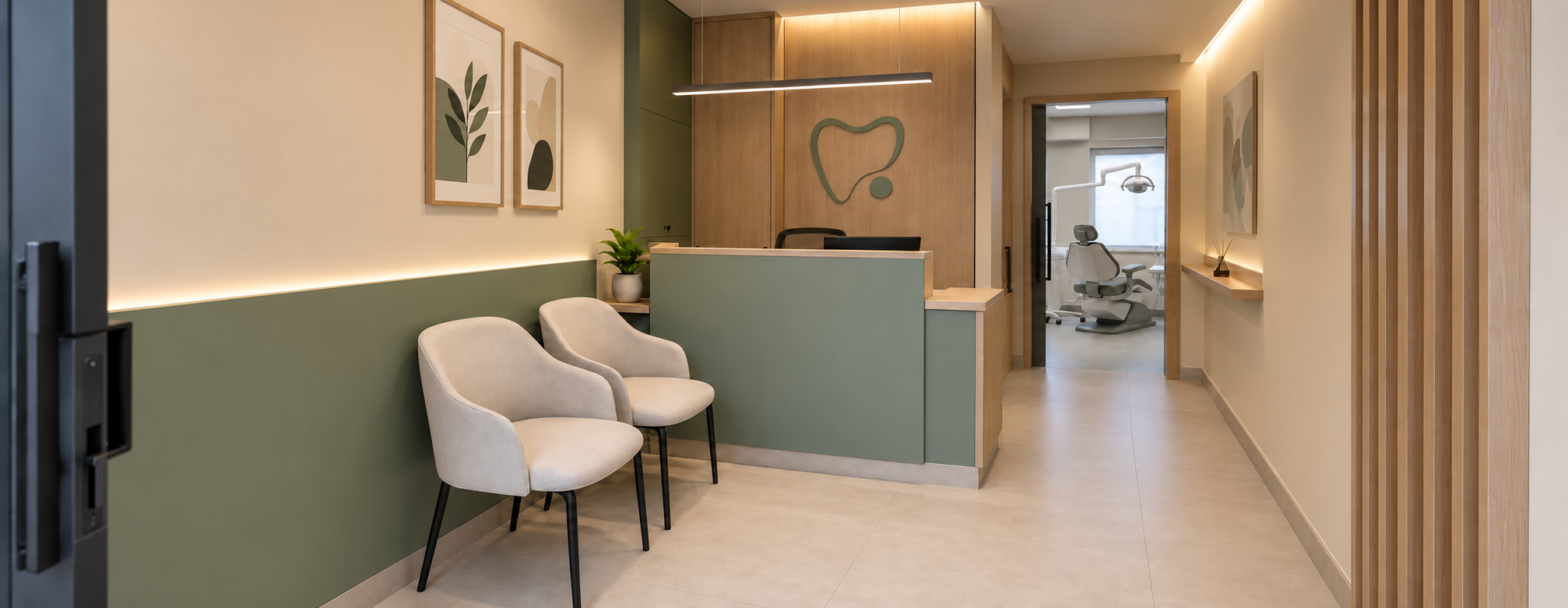 Render de recepção de clínica odontológica com madeira e tons verdes