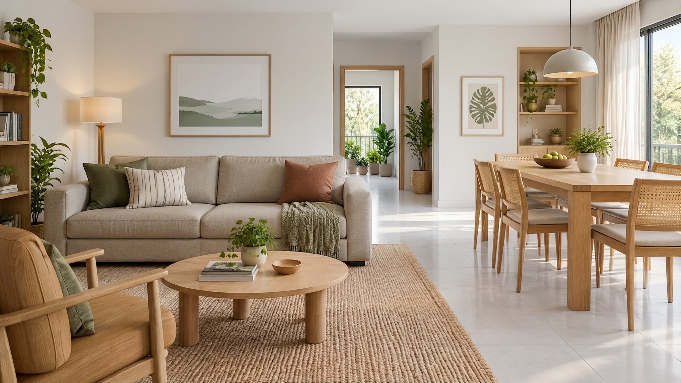 Render de sala residencial integrada em tons naturais, com madeira e plantas